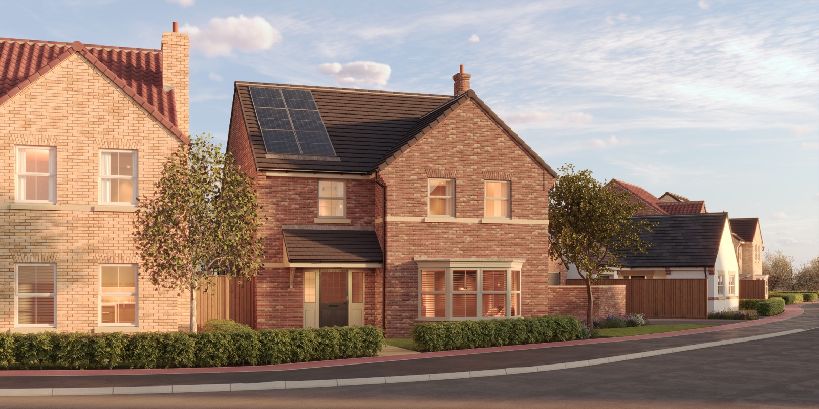 A detached Oakmere home with solar panels, seen from the street