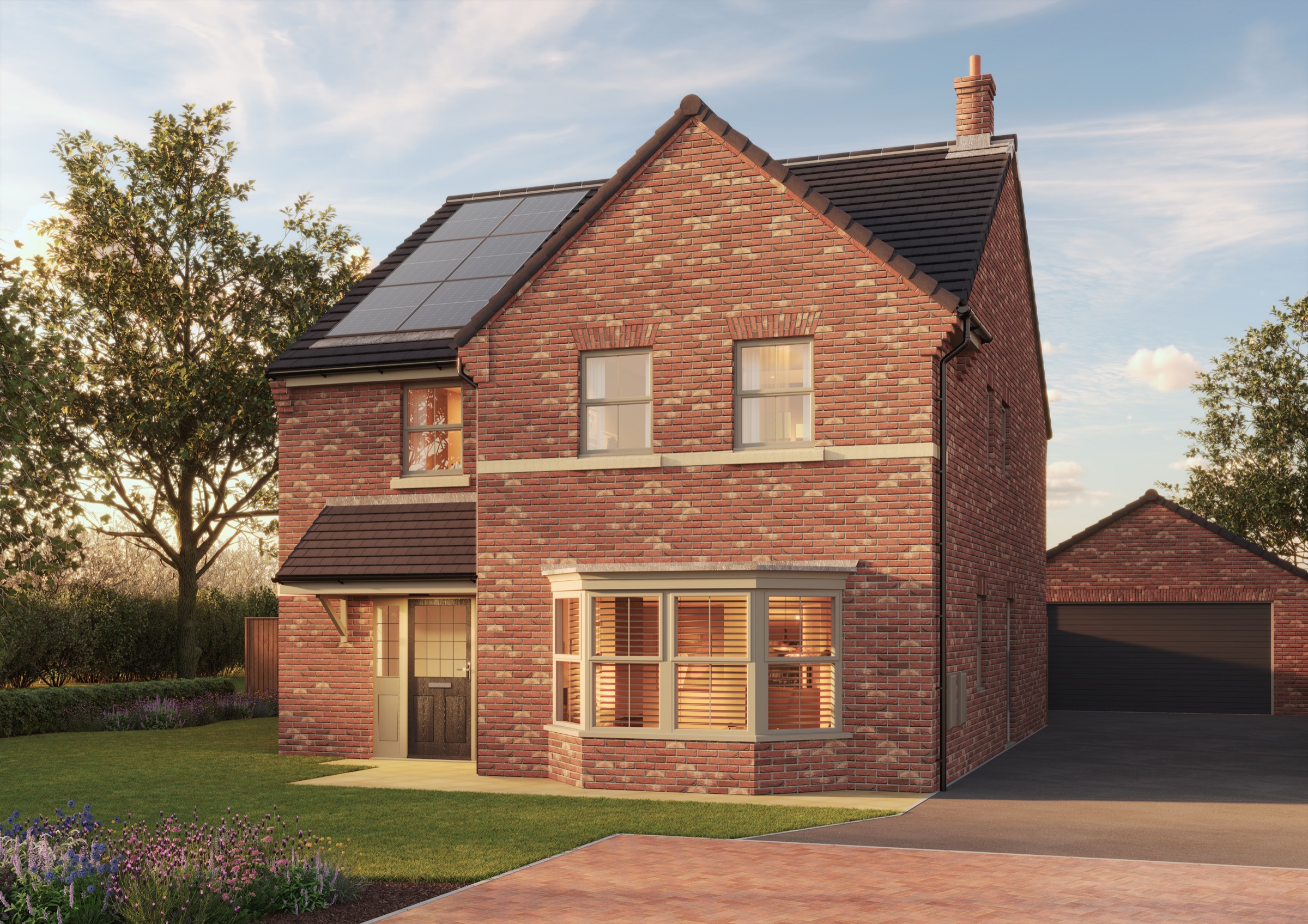 A red-brick detached Oakmere home with a bay window and a double garage