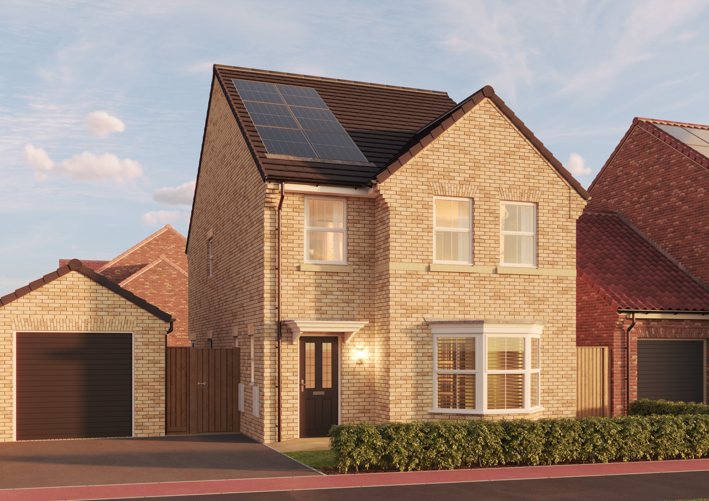 A buff-brick detached Oakmere home with a single garage