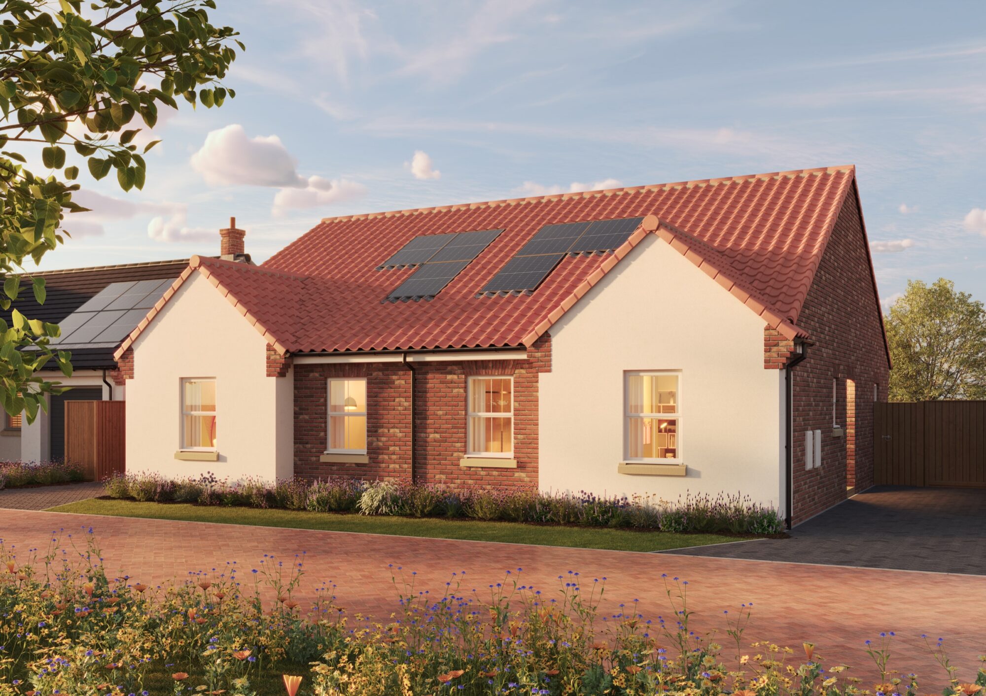 A cream-rendered Oakmere bungalow with a red pantile roof and solar panels