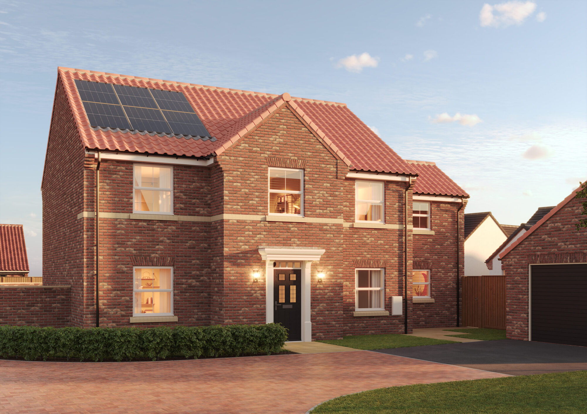 A red-brick detached Oakmere home with solar panels and a garage